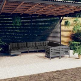 vidaXL 10 pcs conjunto lounge de jardim c/ almofadões pinho cinza