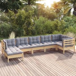 vidaXL 7 pcs conjunto lounge de jardim + almofadões cinza pinho maciço