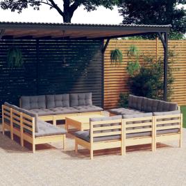 vidaXL 13 pcs conjunto lounge de jardim c/ almofadões cinzentos pinho