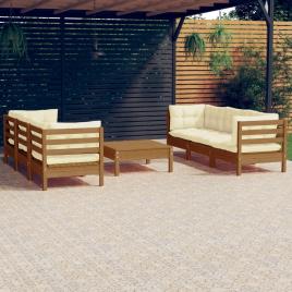 vidaXL 7 pcs conjunto lounge jardim c/ almofadões cor creme pinho