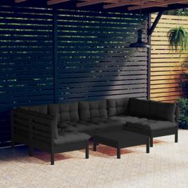 Conjunto Lounge Jardim C/ Almofadões Pinho Maciço Preto 7 pcs