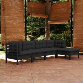 Conjunto Lounge de Jardim C/ Almofadões Pinho Preto 5 pcs