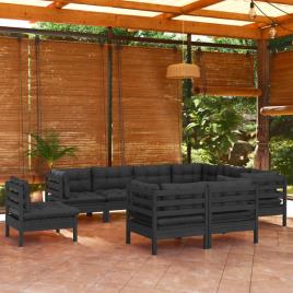 Conjunto Lounge Jardim C/ Almofadões Pinho Maciço Preto 9 pcs