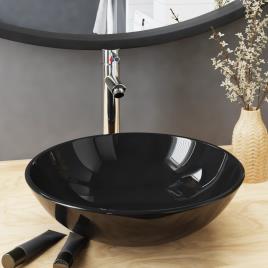 vidaXL Lavatório torneira válvula click-clack vidro temperado preto