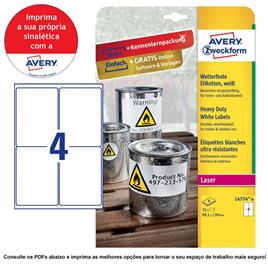 AVERY Etiquetas de Utilização Intensiva para Impressora a Laser, Resistentes às Intempéries, 99,1 x 139 mm, 8 Folhas, 4 Etiquetas por Folha, Branco