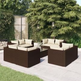 vidaXL 9 pcs conjunto lounge jardim c/ almofadões vime PE castanho