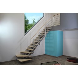 Escada em L DUPLA VIGA CINZA-PINHO CORRIMÃO PINHO