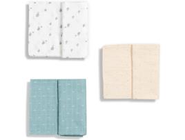 Fraldas de Pano GLOOP Pack 3 Unidades Little Stripes, Elefantes, Ocean Green (50 x 50 cm; 70 x 70 cm; 110 x 110 cm)