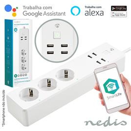 Tomada Elétrica Wifi C/ 3 Schuko 4 Usb Nedis