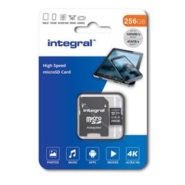 INTEGRAL MEMORY Cartão de Memória microSDXC/XC™ V30 UHS-I U3, 256 GB, 100 Mbps Velocidade Leitura, com Adaptador