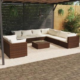 vidaXL 10 pcs conjunto lounge de jardim c/ almofadões vime PE castanho