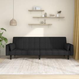 vidaXL Sofá-cama 2 lugares com duas almofadas tecido preto