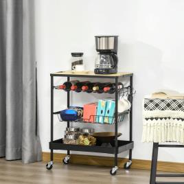 Carrinho de Cozinha com Rodas, Carrinho de Cozinha Multiuso com Suporte para Garrafas, Cesta Removível e 4 Ganchos 60,5x35,5x75cm Preto e Carvalho