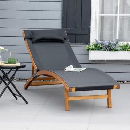 Espreguiçadeira de Jardim com Altura do Encosto Ajustável, Apoio para a Cabeça Removível e Estrutura de Madeira Ergonómica para Terraço Praia Exterior