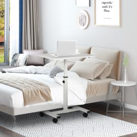 Mesa Auxiliar com Rodas para Sofá ou Cama com Altura Ajustável, Estrutura de Metal e Travões para Sala de Estar 60x40x52,5-84cm Branco