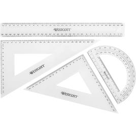 WESTCOTT Conjunto de Matemática de 4 Peças com Esquadros de 45° e 60° + Régua de 30 cm/12” + Transferidor em Plástico Transparente de 180°
