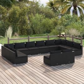 vidaXL 12 pcs conjunto lounge de jardim c/ almofadões vime PE preto