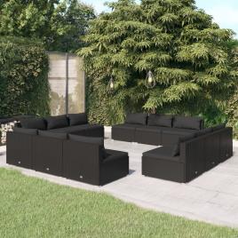 vidaXL 12 pcs conjunto lounge de jardim c/ almofadões vime PE preto
