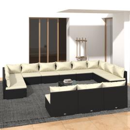 vidaXL 13 pcs conjunto lounge de jardim c/ almofadões vime PE preto