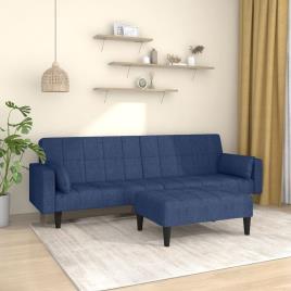 vidaXL Sofá-cama 2 lug. c/ 2 almofadas e apoio de pés tecido azul