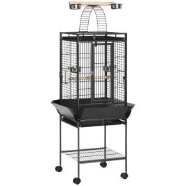 PawHut Gaiola para Pássaros com Suporte e Rodas 62,5x62,5x156cm Gaiola Metálica para Aves com Ponte de Arco 2 Poleiros Cinza   Aosom Portugal