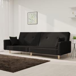 vidaXL Sofá-cama 2 lugares com duas almofadas tecido preto