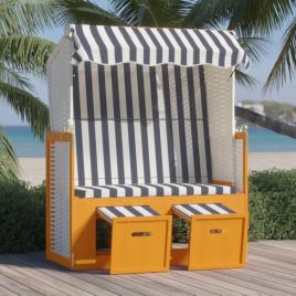 vidaXL Strandkorb com toldo vime PE e madeira maciça branco e azul