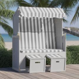 vidaXL Strandkorb com toldo vime PE e madeira maciça cinzento e branco