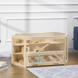 Gaiola de Madeira para Hámster 115x60x55cm Gaiola para Roedores e Animais Pequenos de 3 Níveis com Teto Abatível, Bandeja Removível e 3 Rampas Madeira