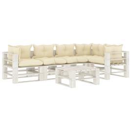 vidaXL 6 pcs conjunto lounge de jardim em paletes c/ almofadões creme