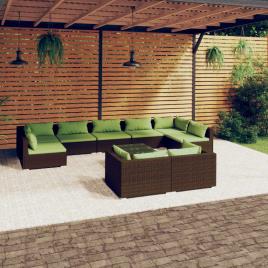 vidaXL 10 pcs conjunto lounge de jardim c/ almofadões vime PE castanho