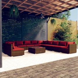 vidaXL 12 pcs conjunto lounge de jardim c/ almofadões vime PE castanho