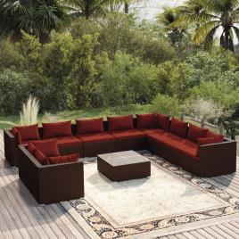 vidaXL 11 pcs conjunto lounge jardim c/ almofadões vime PE castanho