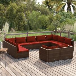 vidaXL 11 pcs conjunto lounge jardim c/ almofadões vime PE castanho