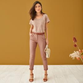 Anne Weyburn T-shirt às riscas, em linho, gola redonda, mangas curtas 