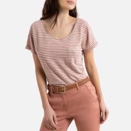 Anne Weyburn T-shirt às riscas, em linho, gola redonda, mangas curtas 