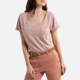 Anne Weyburn T-shirt às riscas, em linho, gola redonda, mangas curtas