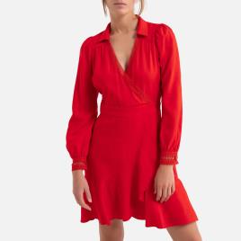 Suncoo Vestido curto com decote em V, mangas compridas