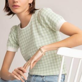 La Redoute Collections Camisola com gola redonda, motivo vichy, mangas curtas