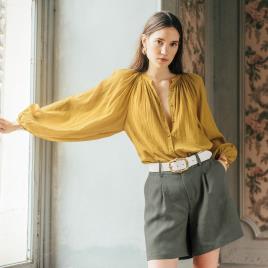 La Redoute Collections Camisa com gola mao, mangas compridas tufadas