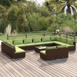 vidaXL 13 pcs conjunto lounge de jardim c/ almofadões vime PE castanho