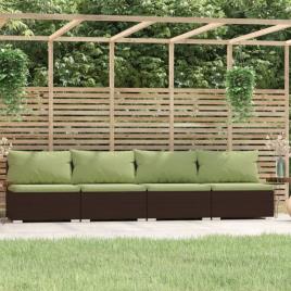 vidaXL Sofá de jardim 4 lugares com almofadões vime PE castanho