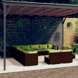 vidaXL 13 pcs conjunto lounge jardim c/ almofadões vime PE castanho