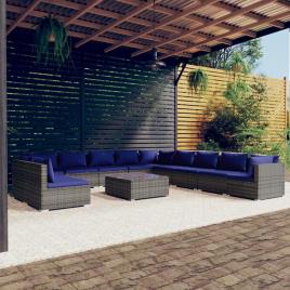 vidaXL 12 pcs conjunto lounge de jardim c/ almofadões vime PE cinza