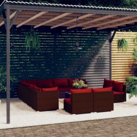 vidaXL 12 pcs conjunto lounge de jardim c/ almofadões vime PE castanho