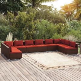 vidaXL 10 pcs conjunto lounge jardim c/ almofadões vime PE castanho