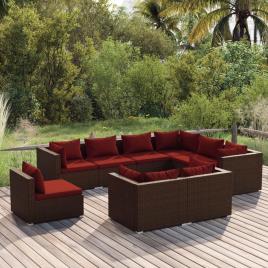 vidaXL 9 pcs conjunto lounge de jardim c/ almofadões vime PE castanho