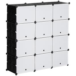 HOMCOM Armário Modular de Plástico Armário com 12 Cubos Organizadores de Sapatos Roupas Brinquedos 125x32x125cm Branco e Preto   Aosom Portugal