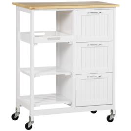 HOMCOM Carrinho de Cozinha com Rodas Carrinho de Serviço com 3 Gavetas 3 Prateleiras Abertas e Bandeja Removível para Sala de Jantar Carga Máxima 40kg 67x37x84cm Branco   Aosom Portugal