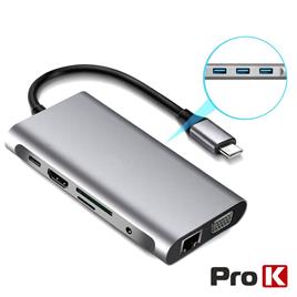 Hub USB-C P/ USB-C/ 3xUSB / VGA / HDMI / Audio/ RJ45/Cartões